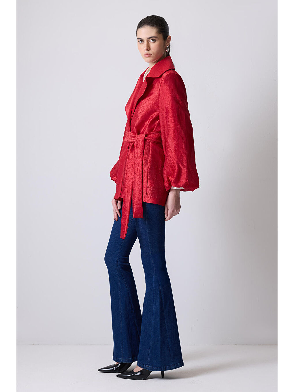 Kırmızı Jakarlı Kemerli Oversıze Ceket-3