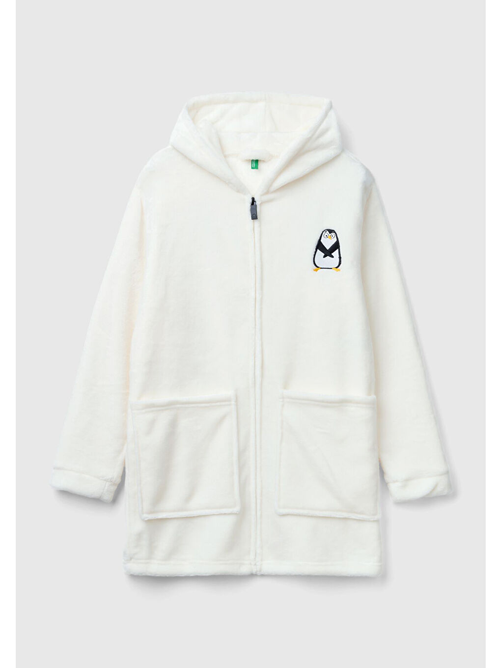 Kadın Beyaz Sol Göğsü Baskılı Yanları Cepli Fermuarlı Kapüşonlu Sabahlık-2