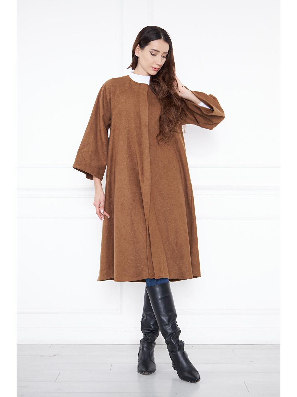 Kahverengi Kadın Oversize Uzun Kollu Kaşe Panço-5