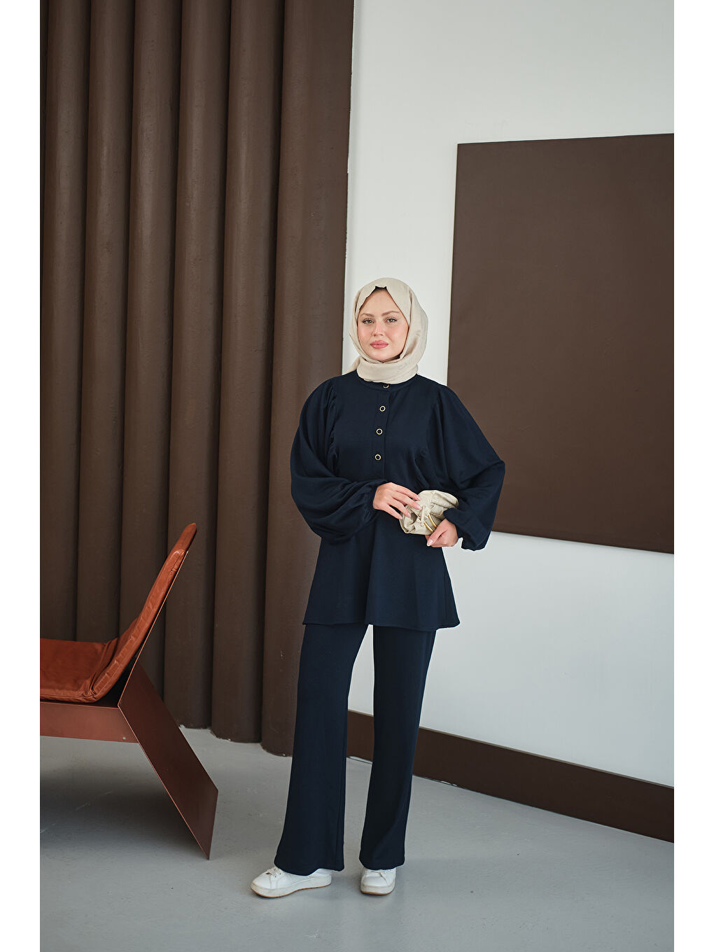 Kadın Çıtçıt Büzgü Detay İkili Takım Lacivert-1