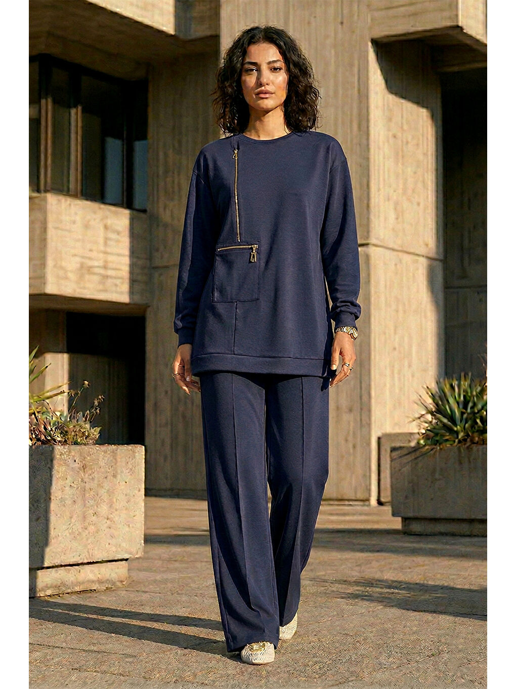 Fermuar ve Nervür Detay Tunik Pantolon Takım 1077 Lacivert-1