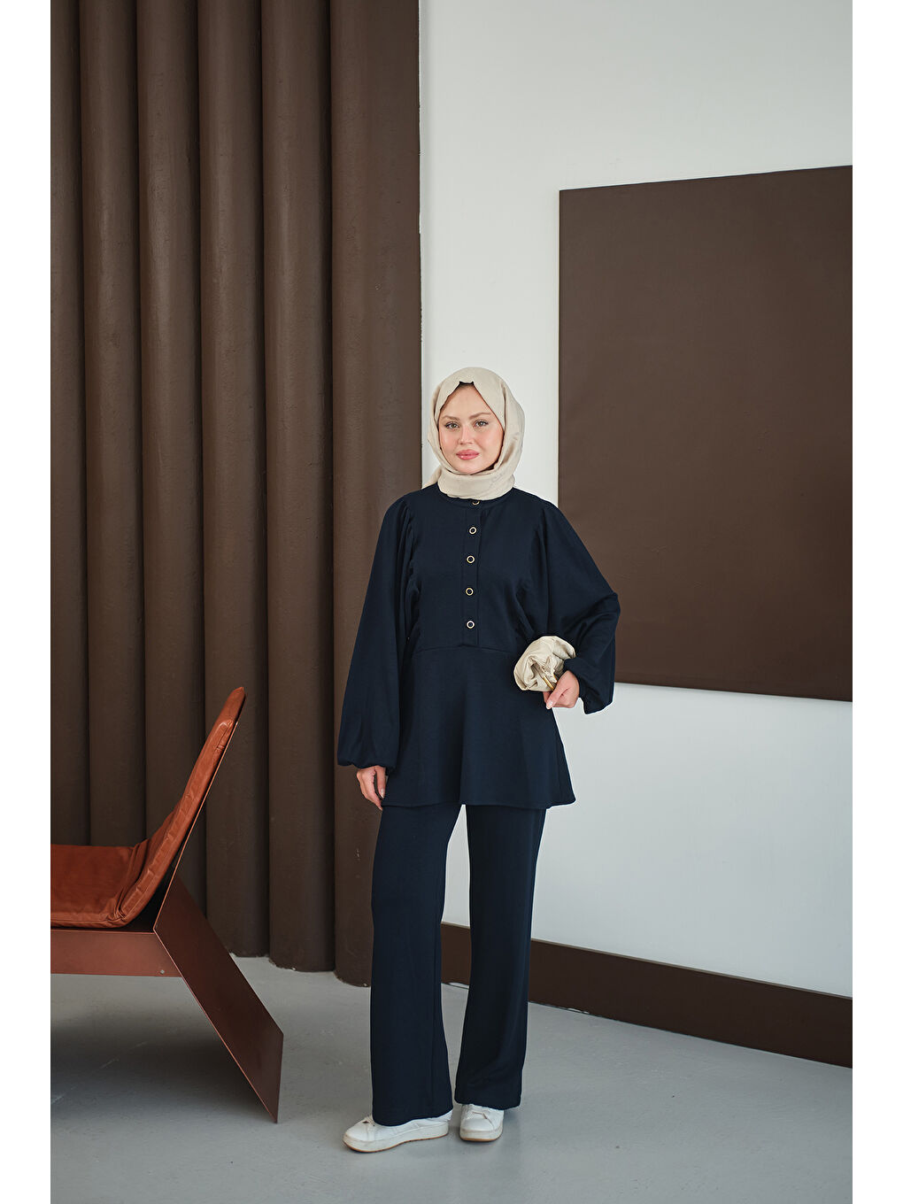 Kadın Çıtçıt Büzgü Detay İkili Takım Lacivert-2