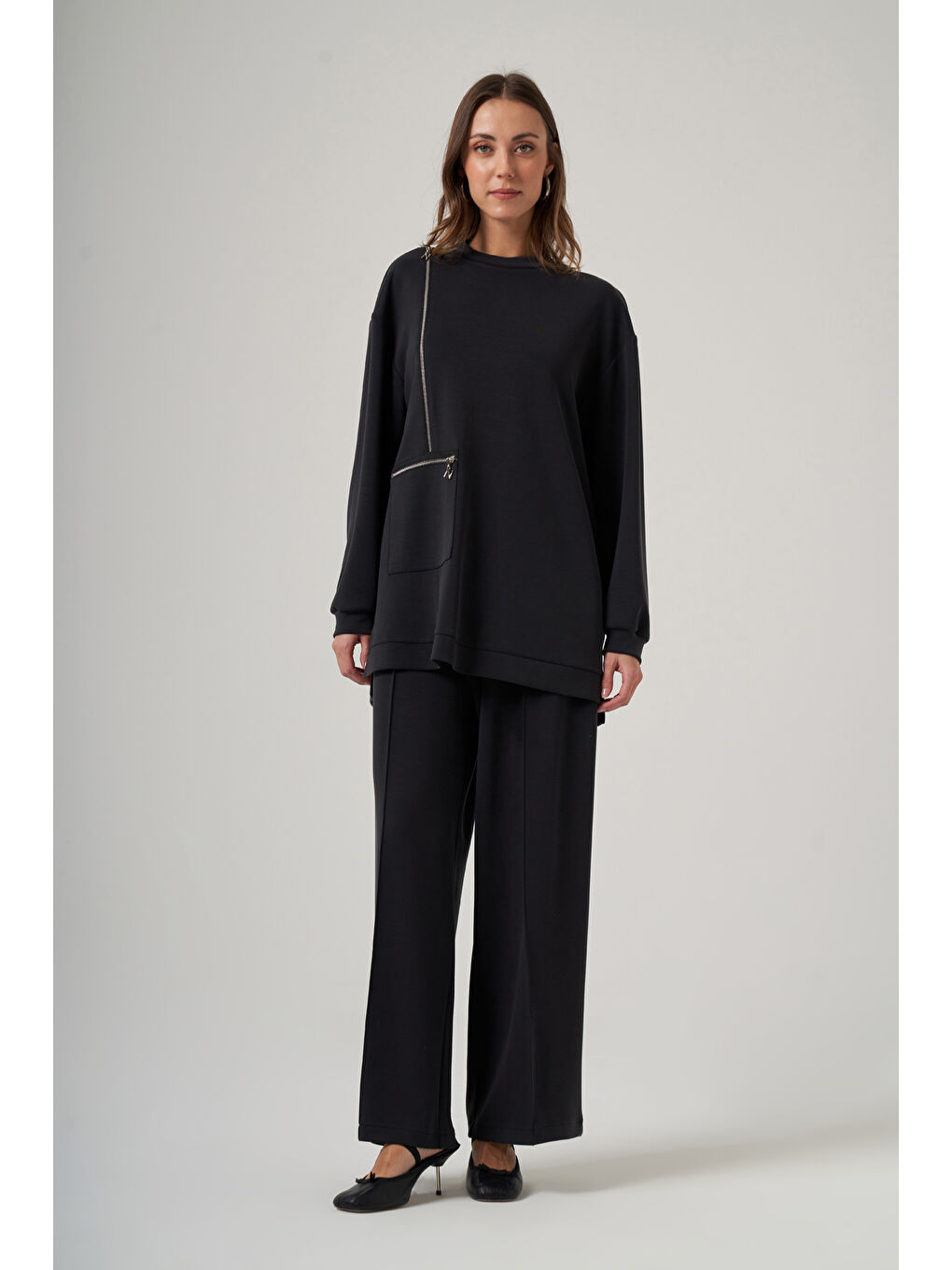 Fermuar ve Nervür Detay Tunik Pantolon Takım 1077 Siyah-2