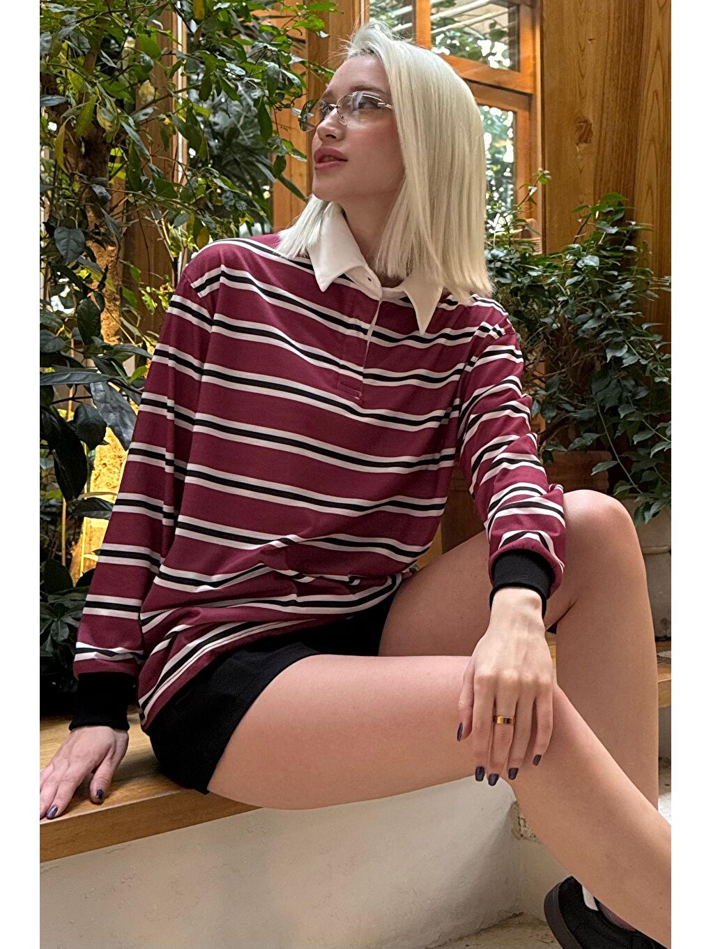 Bordo Çizgili Polo Yaka Kadın Uzun Kollu Tişört  Mg2575-1