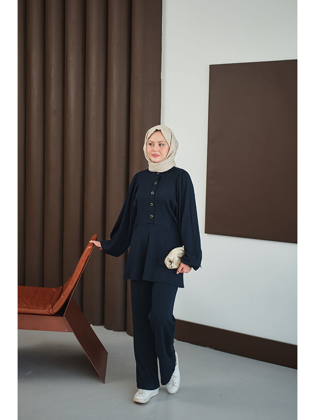 Kadın Çıtçıt Büzgü Detay İkili Takım Lacivert-3