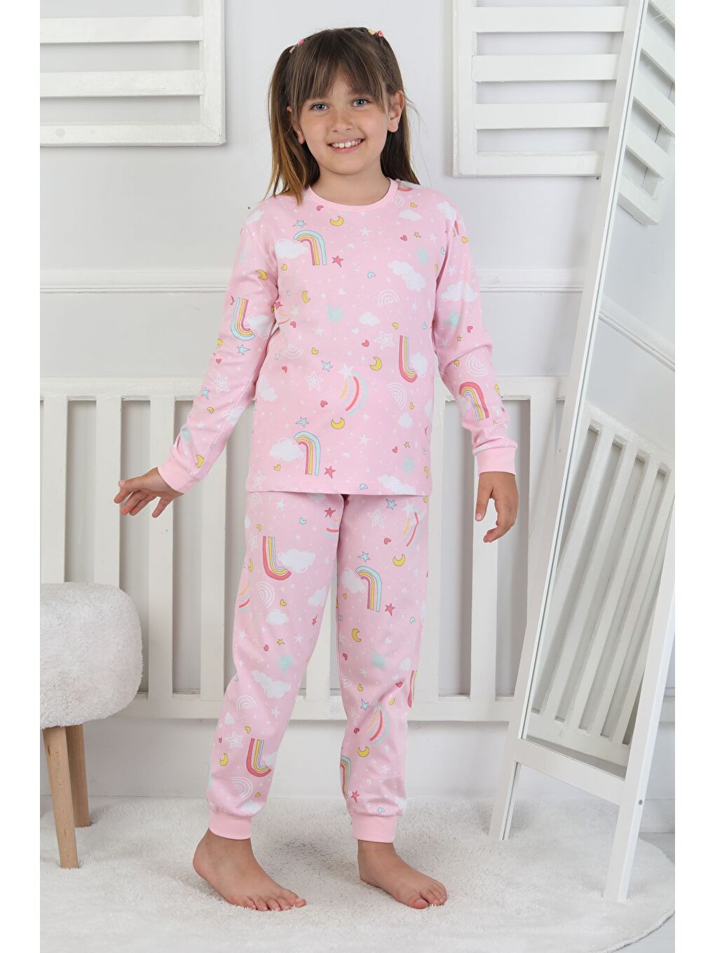 Pembe Cute Dreams Pattern Uzun Kollu Kız Çocuk Pijama Takımı-5