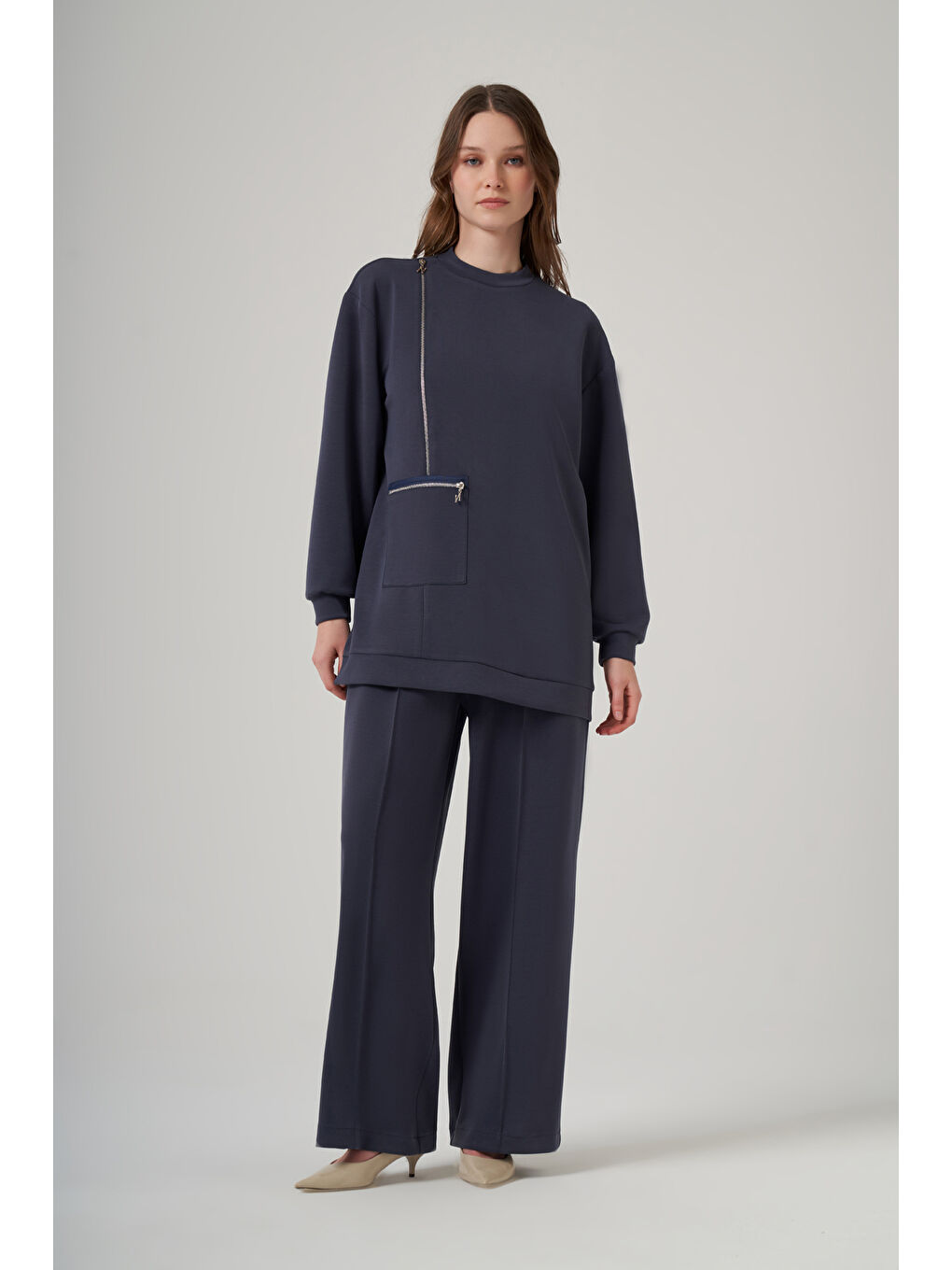 Fermuar ve Nervür Detay Tunik Pantolon Takım 1077 Lacivert-2