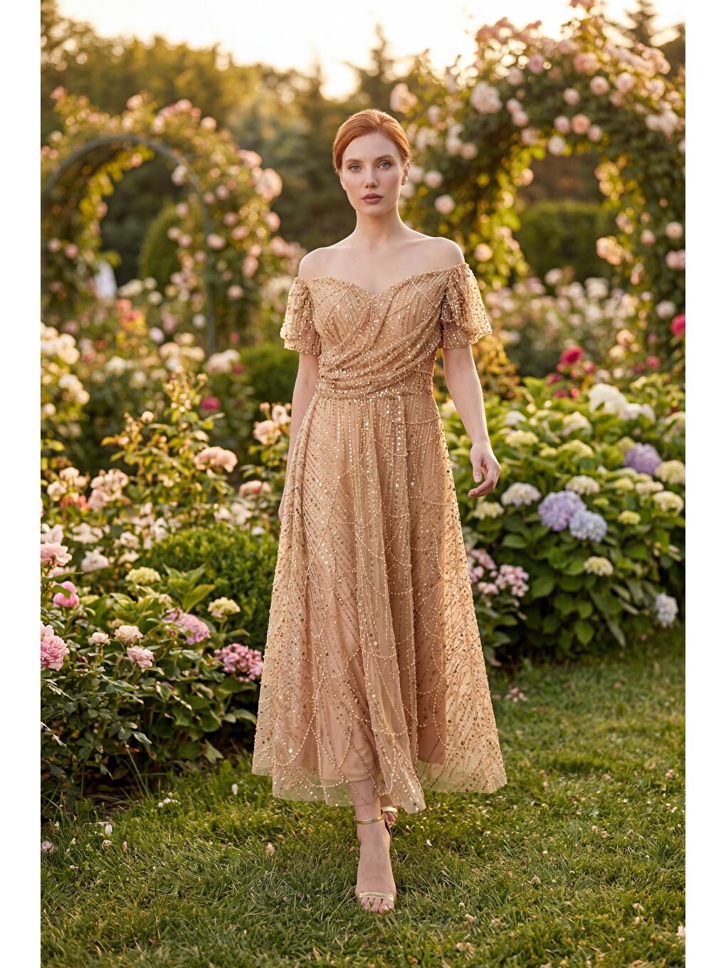 Sarı Kadın Gold Dar Kalıp Kayık Yaka Boncuklu Midi Kloş Abiye Elbise-4