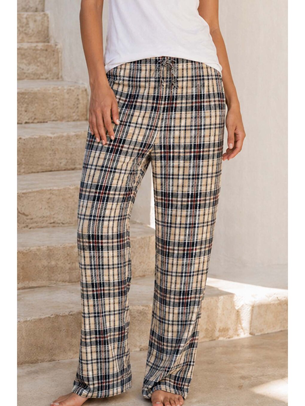 Kadın Yumoş Kumaş Ekose Desen  Tek Pijama Alt 34 Bej02-1