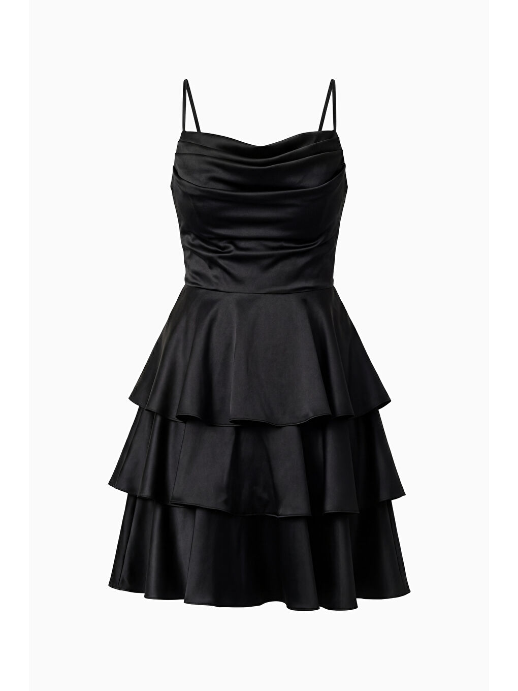 Kadın Siyah İnce Askılı Degaje Yaka Mini Saten Mezuniyet Abiye Elbise-6