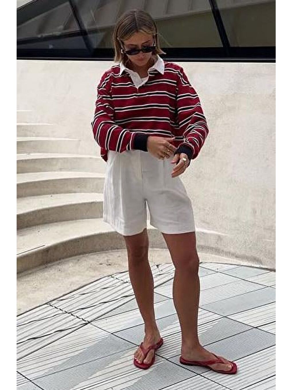 Bordo Çizgili Polo Yaka Kadın Uzun Kollu Tişört  Mg2575-2