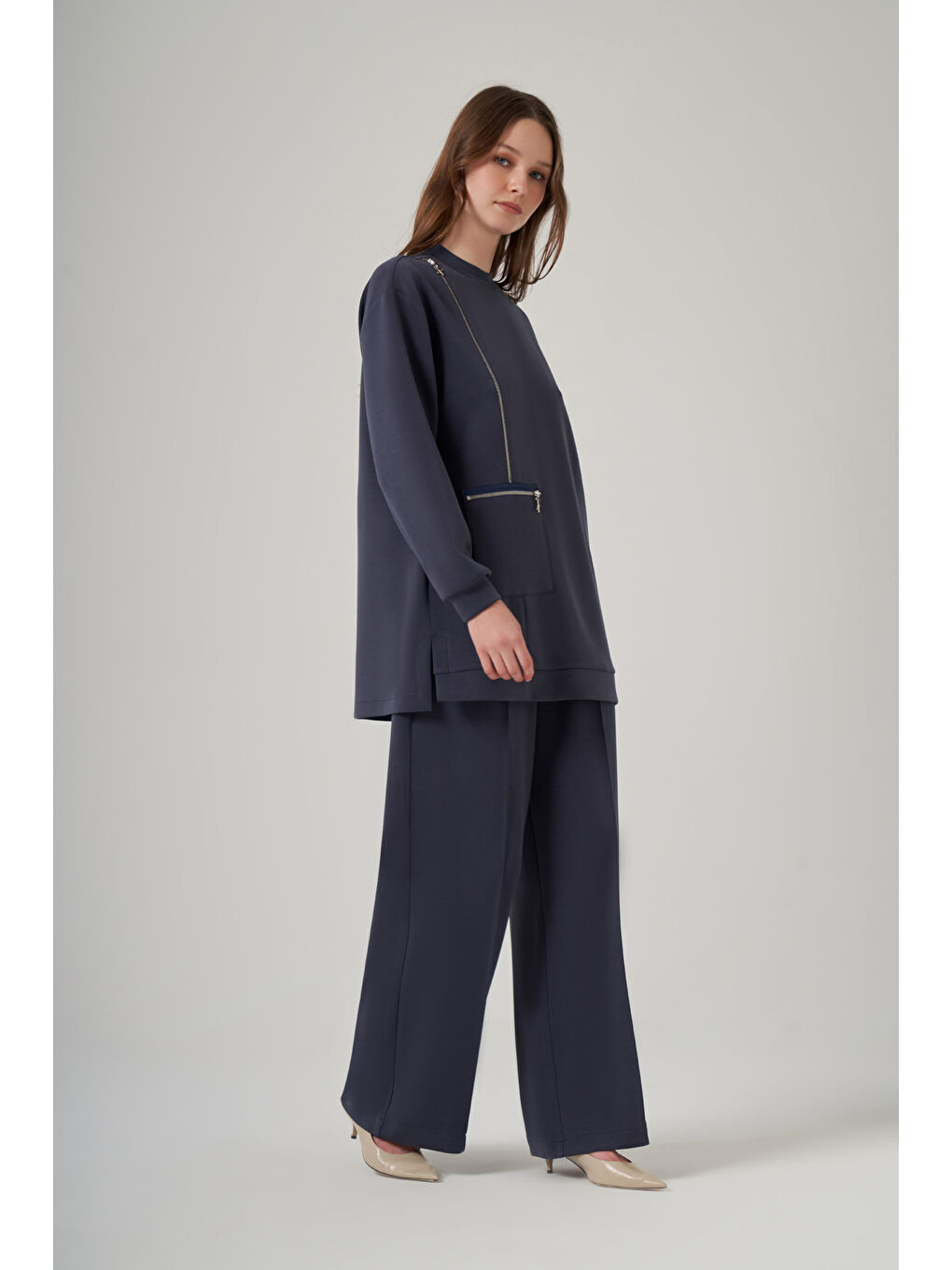 Fermuar ve Nervür Detay Tunik Pantolon Takım 1077 Lacivert-3
