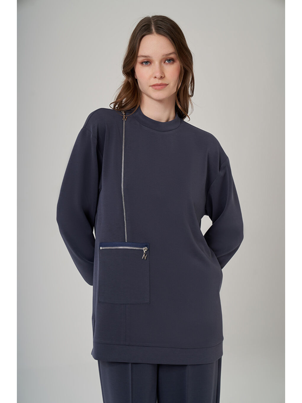 Fermuar ve Nervür Detay Tunik Pantolon Takım 1077 Lacivert-4