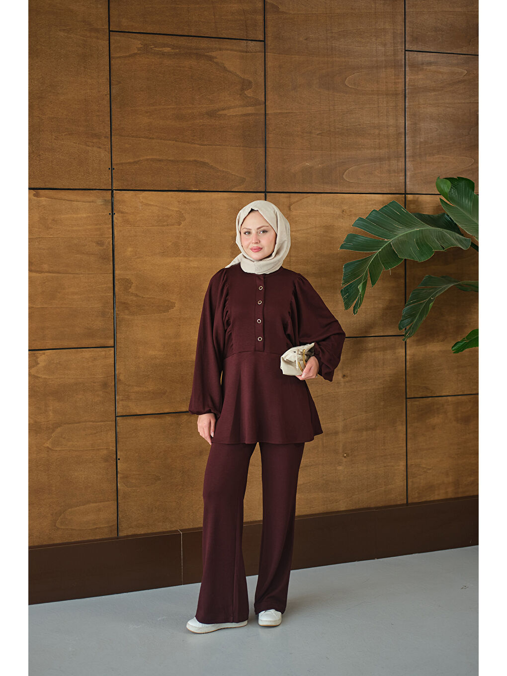 Kadın Çıtçıt Büzgü Detay İkili Takım Bordo-1