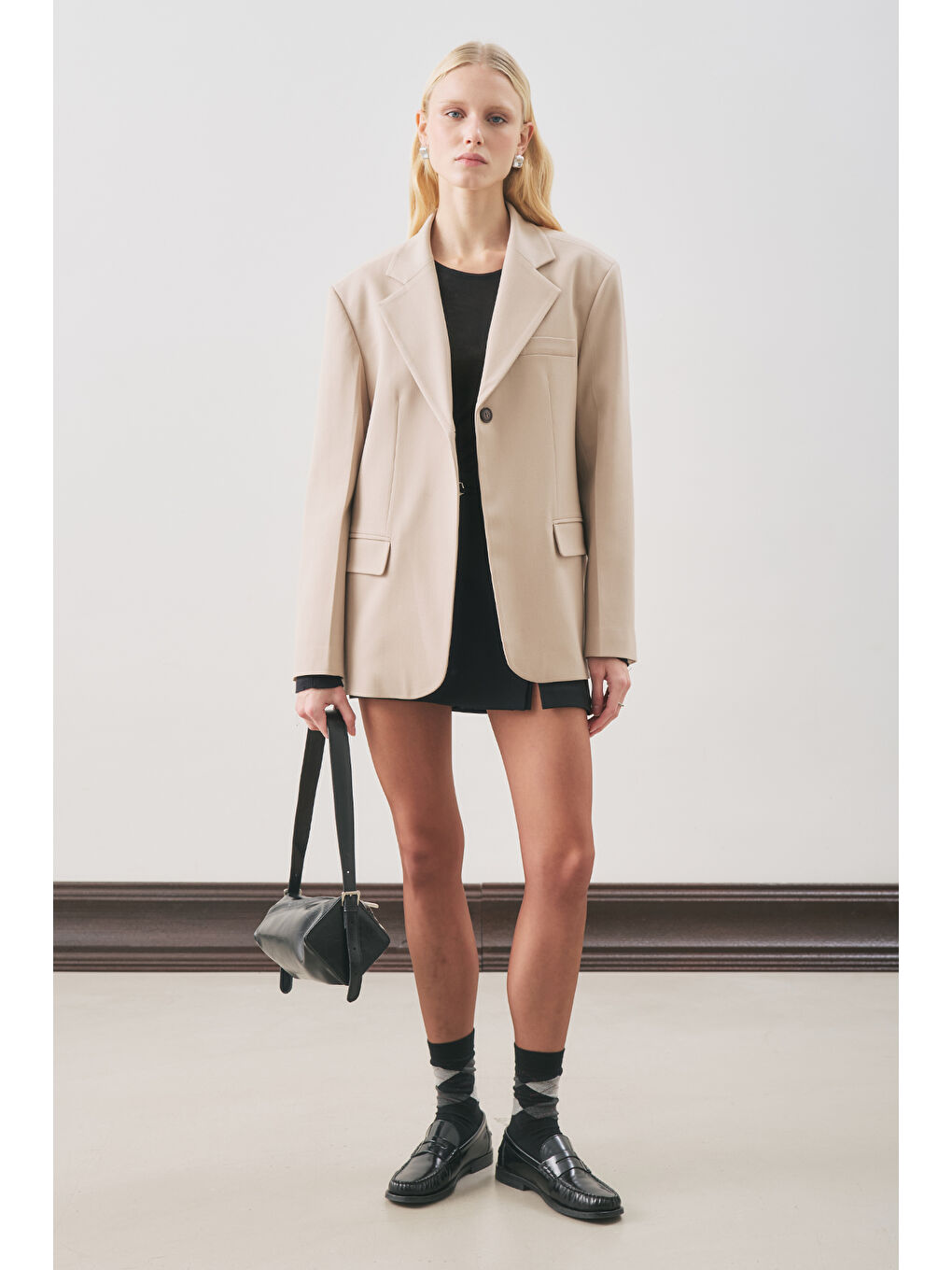 Jun Tek Düğmeli Blazer Ceket Bej-1