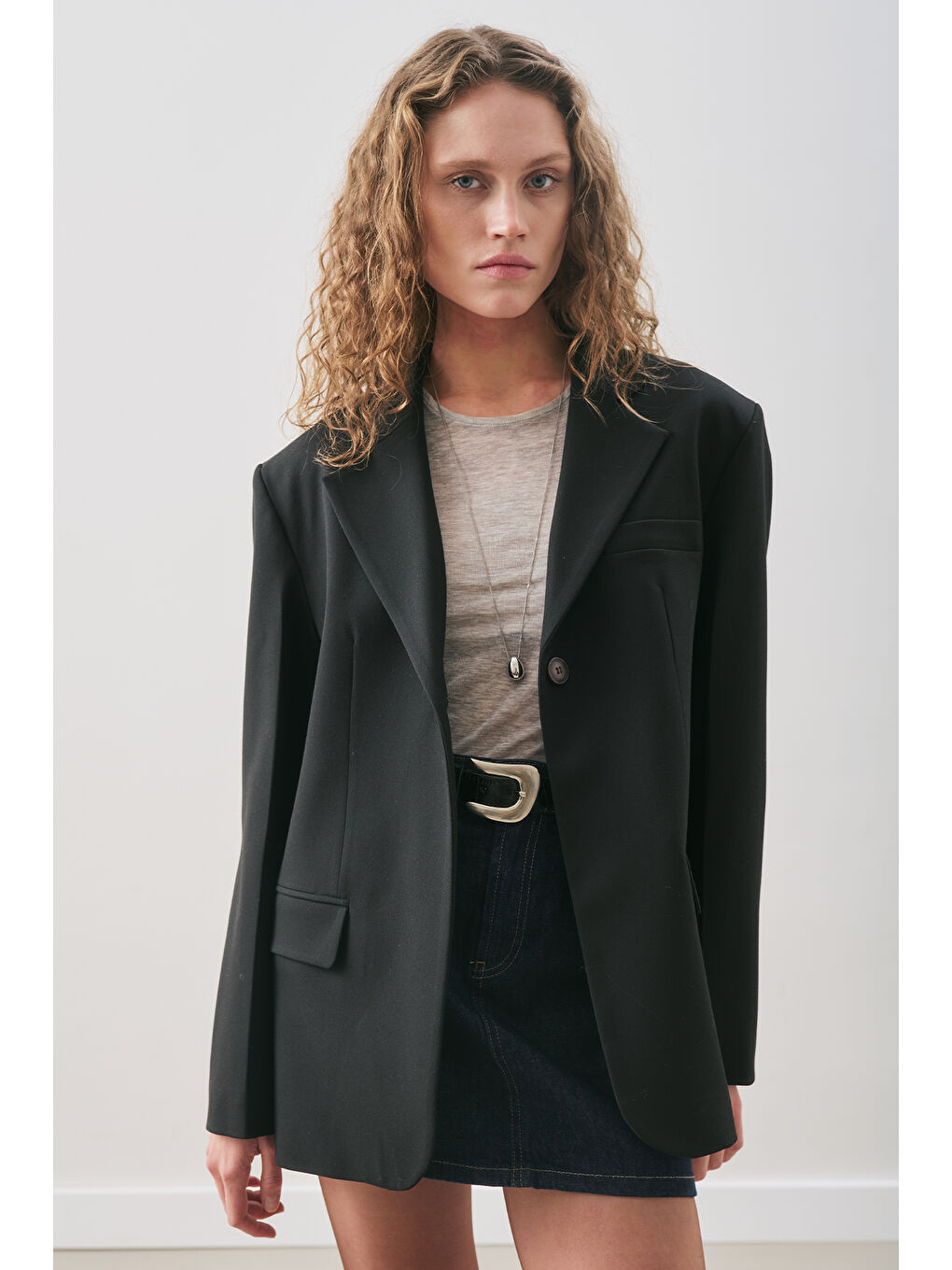 Jun Tek Düğmeli Blazer Ceket Siyah-2