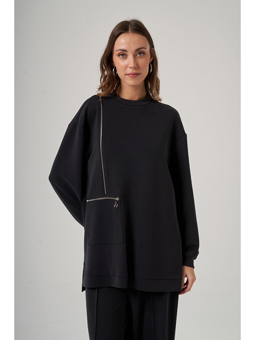 Fermuar ve Nervür Detay Tunik Pantolon Takım 1077 Siyah-4
