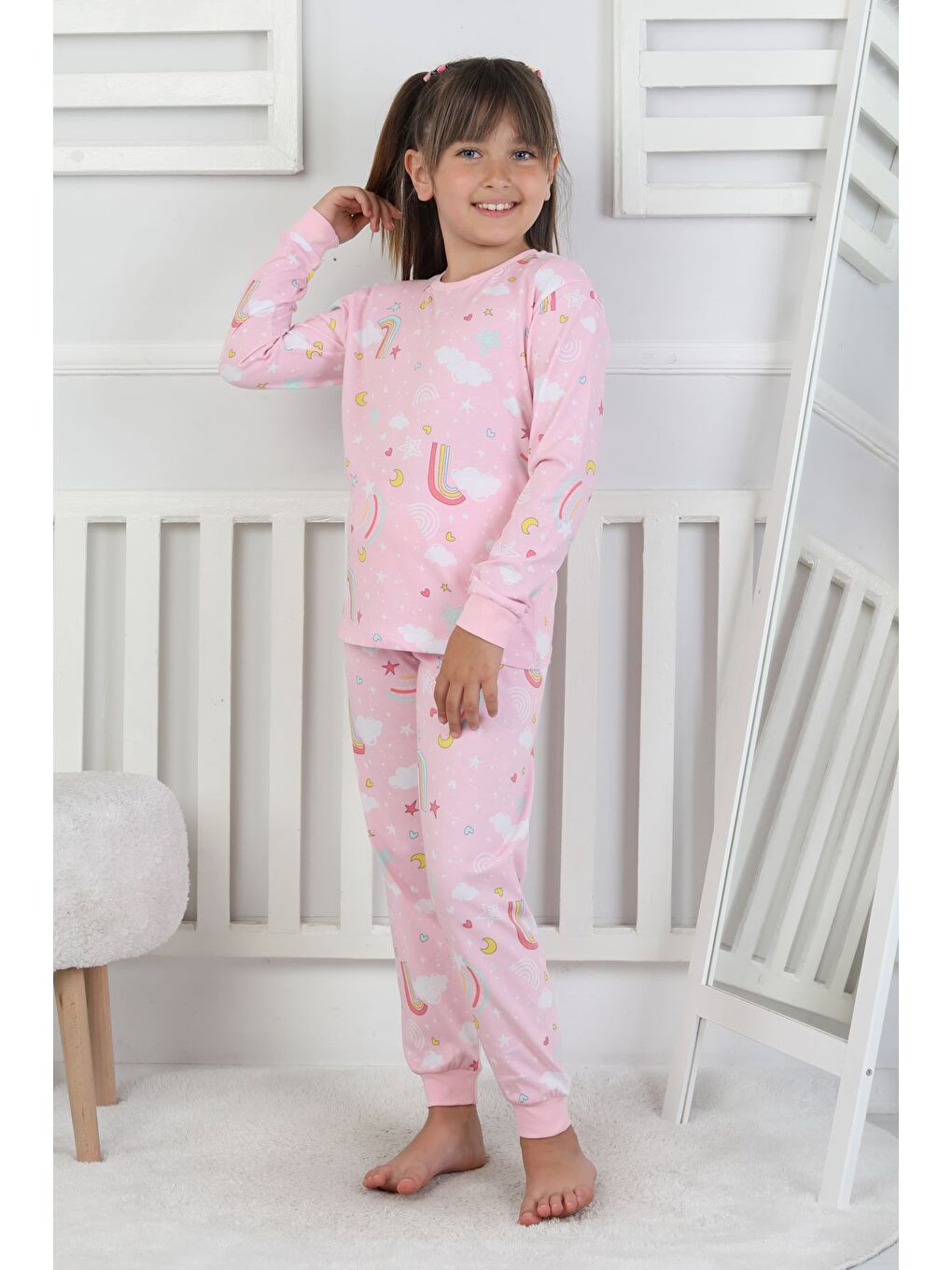 Pembe Cute Dreams Pattern Uzun Kollu Kız Çocuk Pijama Takımı-7