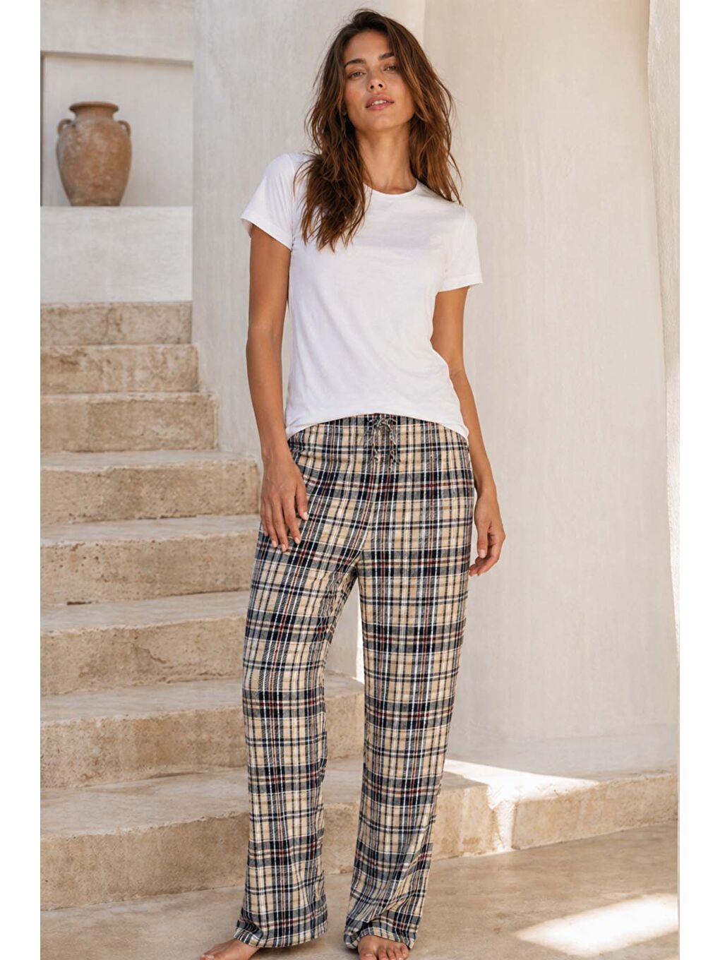 Kadın Yumoş Kumaş Ekose Desen  Tek Pijama Alt 34 Bej02-2