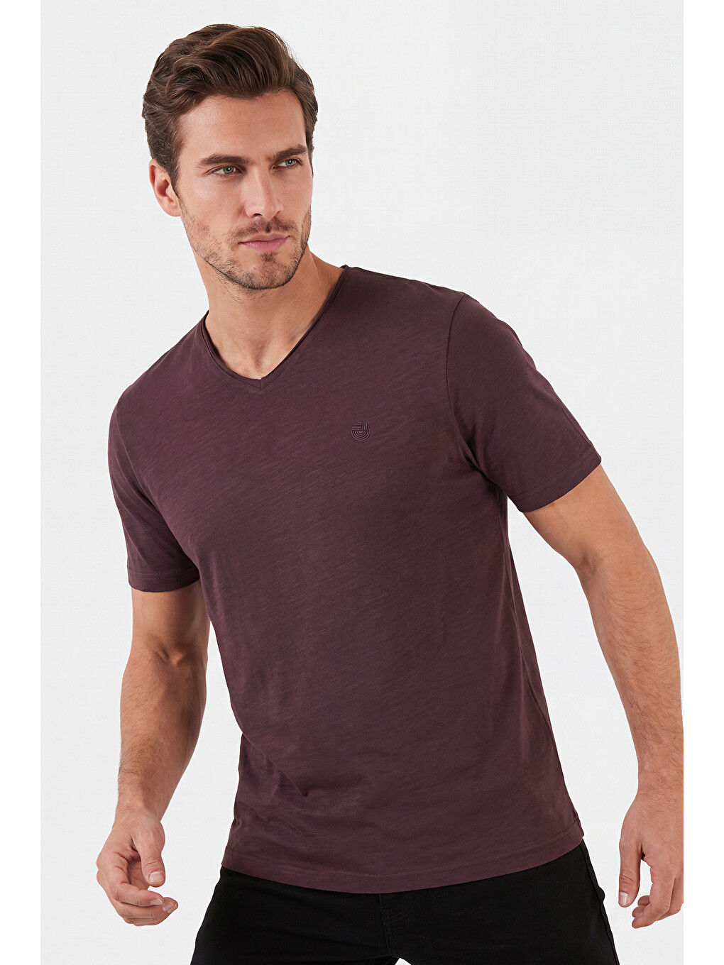 Bordo Pamuklu Regular Fit V Yaka T Shirt 5902719-2