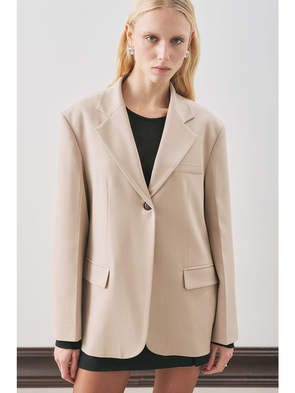 Jun Tek Düğmeli Blazer Ceket Bej-2