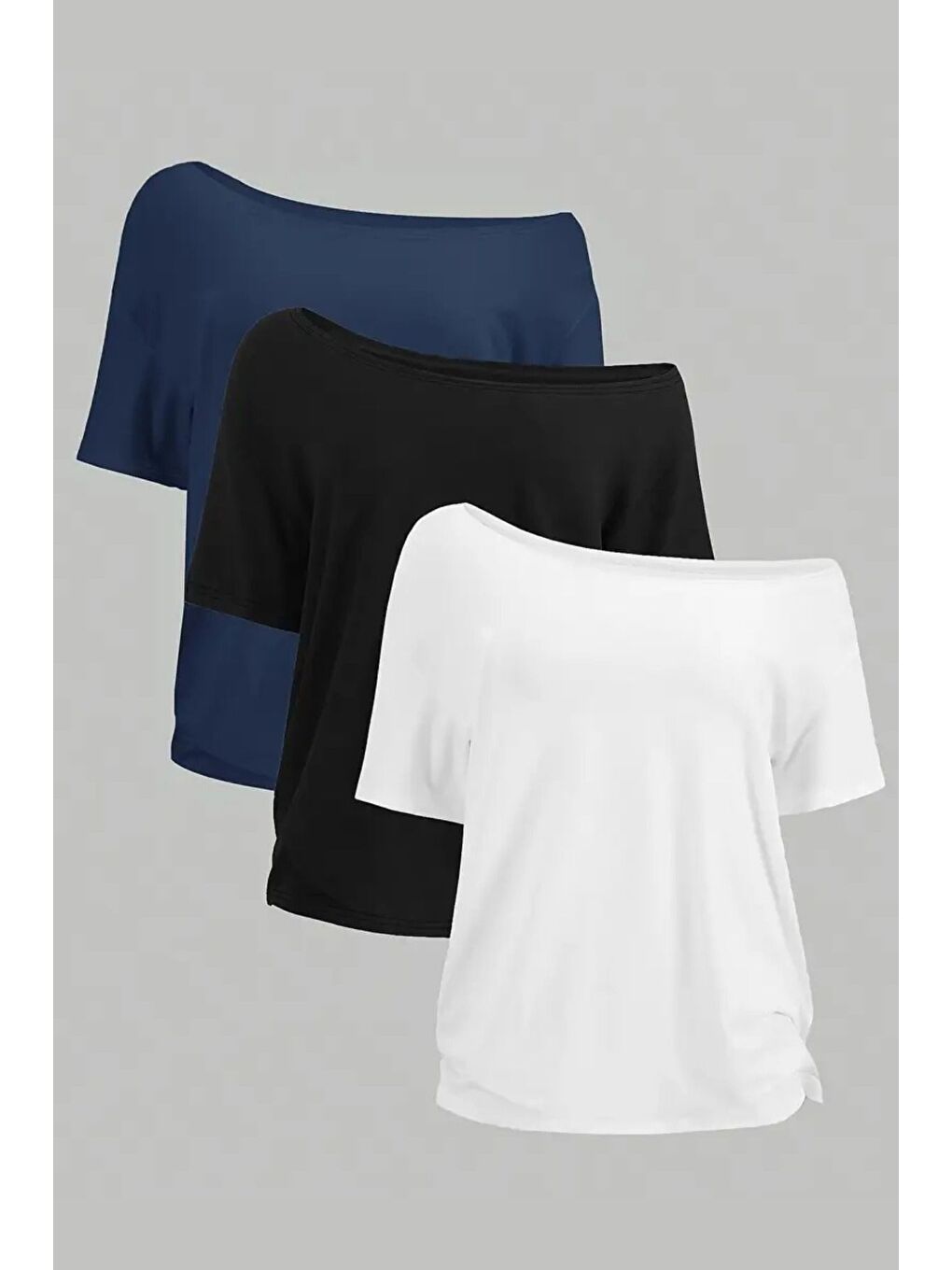 Karışık Lacivert Beyaz Siyah 3lü paket Kadın Düşük Omuz Kayık Yaka Oversize T-Shirt