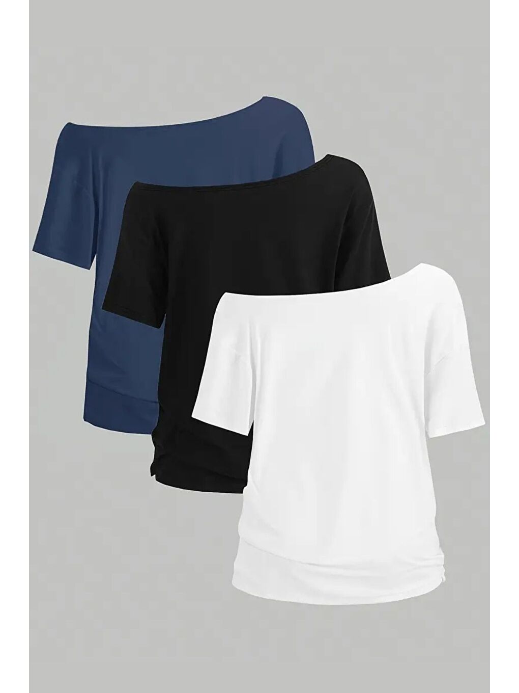 Karışık Lacivert Beyaz Siyah 3lü paket Kadın Düşük Omuz Kayık Yaka Oversize T-Shirt-1