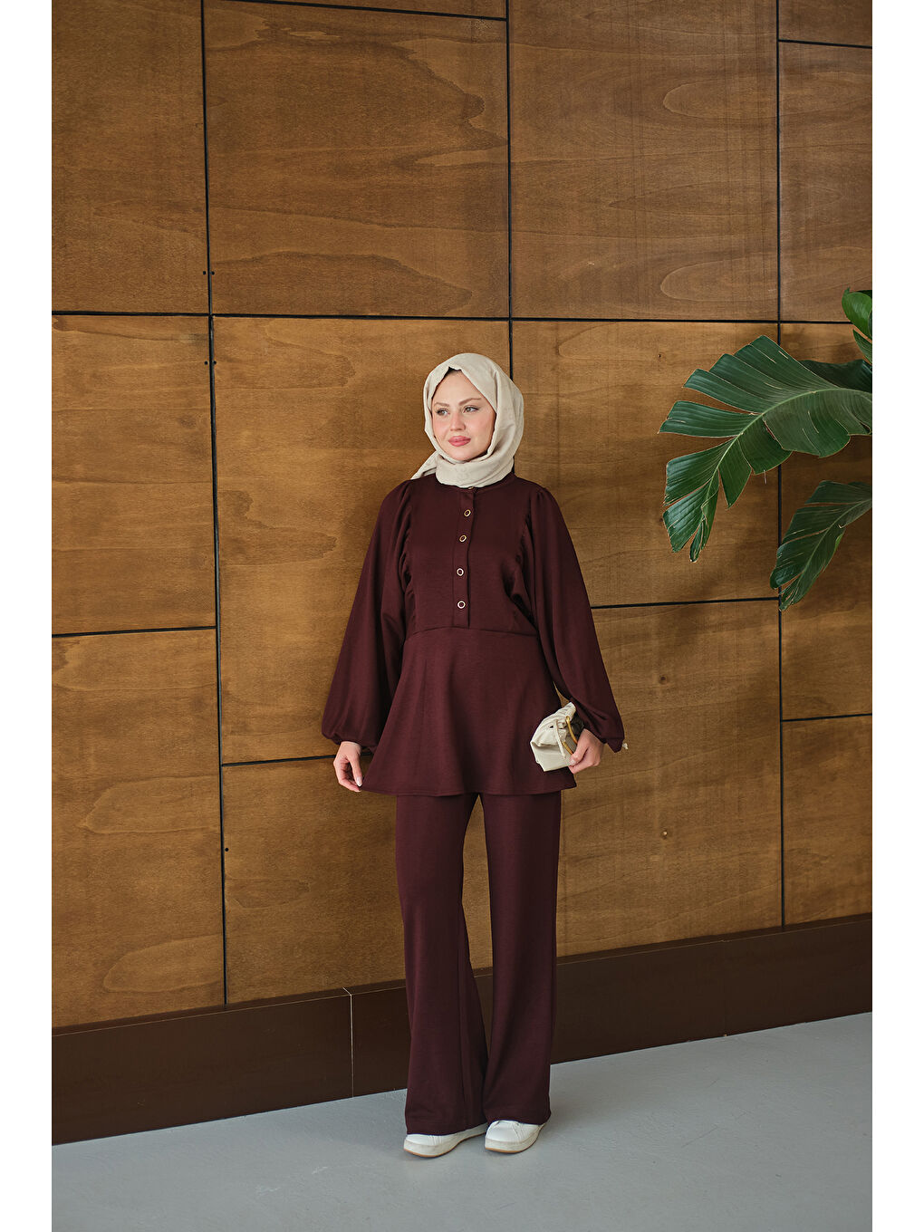 Kadın Çıtçıt Büzgü Detay İkili Takım Bordo-3