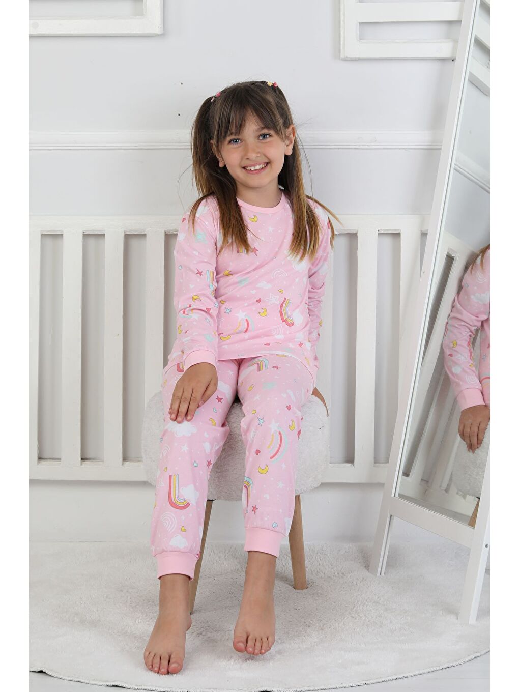 Pembe Cute Dreams Pattern Uzun Kollu Kız Çocuk Pijama Takımı-8