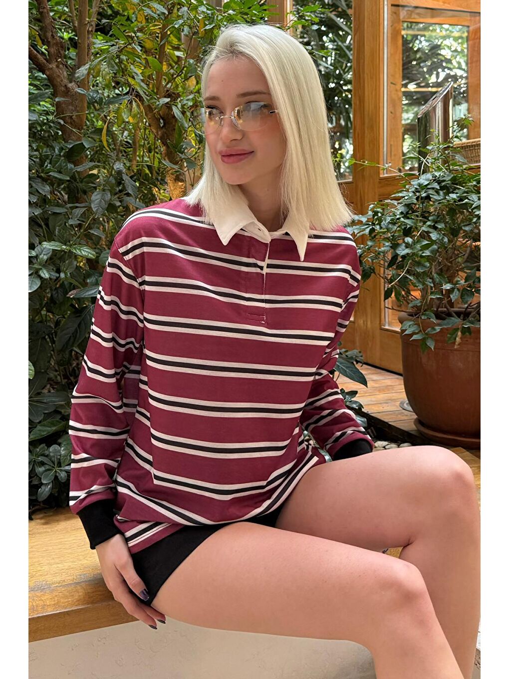 Bordo Çizgili Polo Yaka Kadın Uzun Kollu Tişört  Mg2575-5