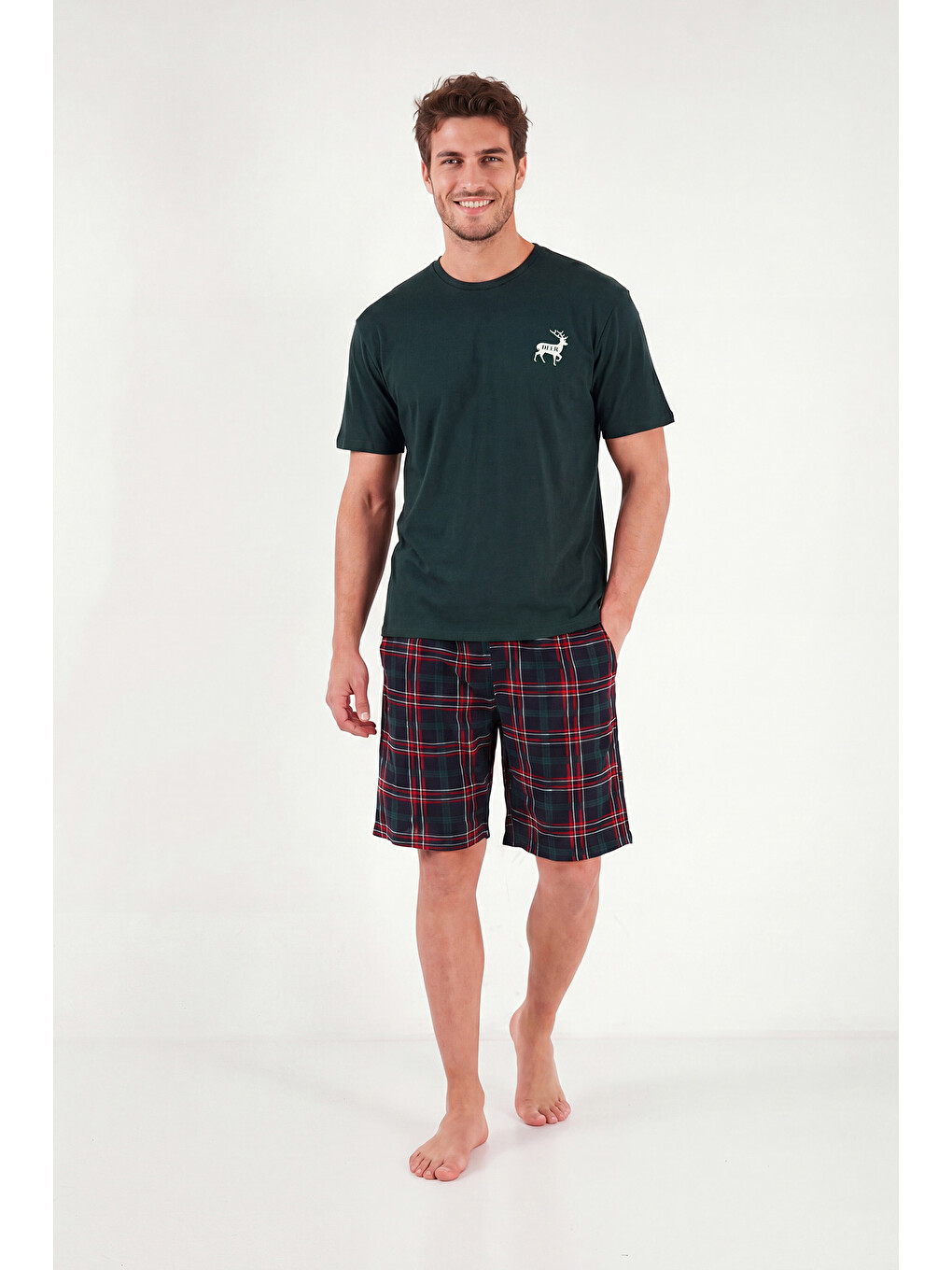 Yeşil Kareli Pamuklu Regular Fit Şortlu Pijama Takımı 6572022-1