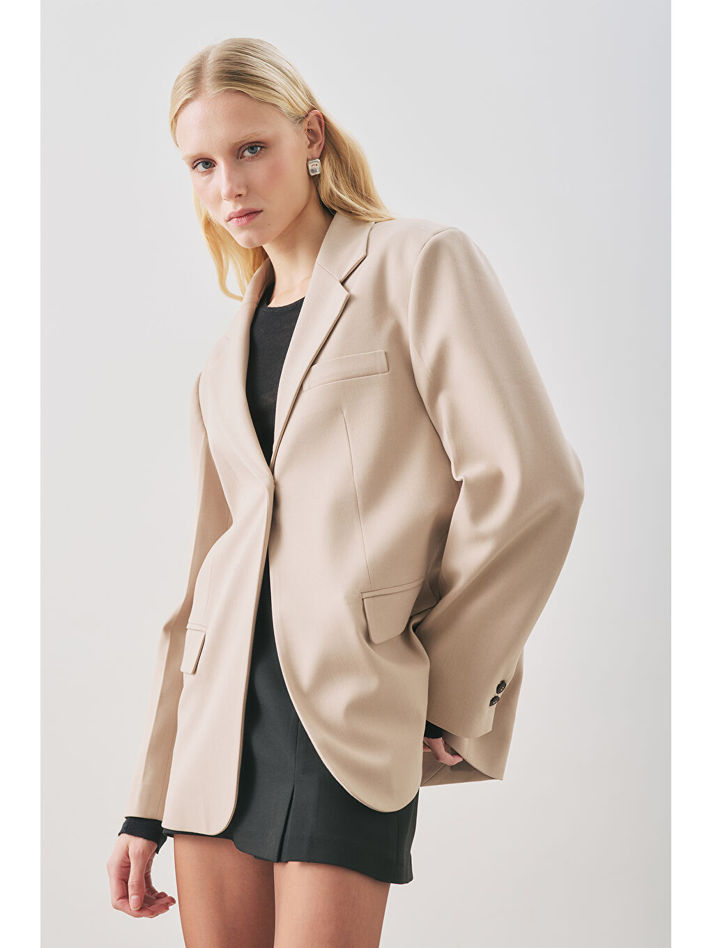 Jun Tek Düğmeli Blazer Ceket Bej-3