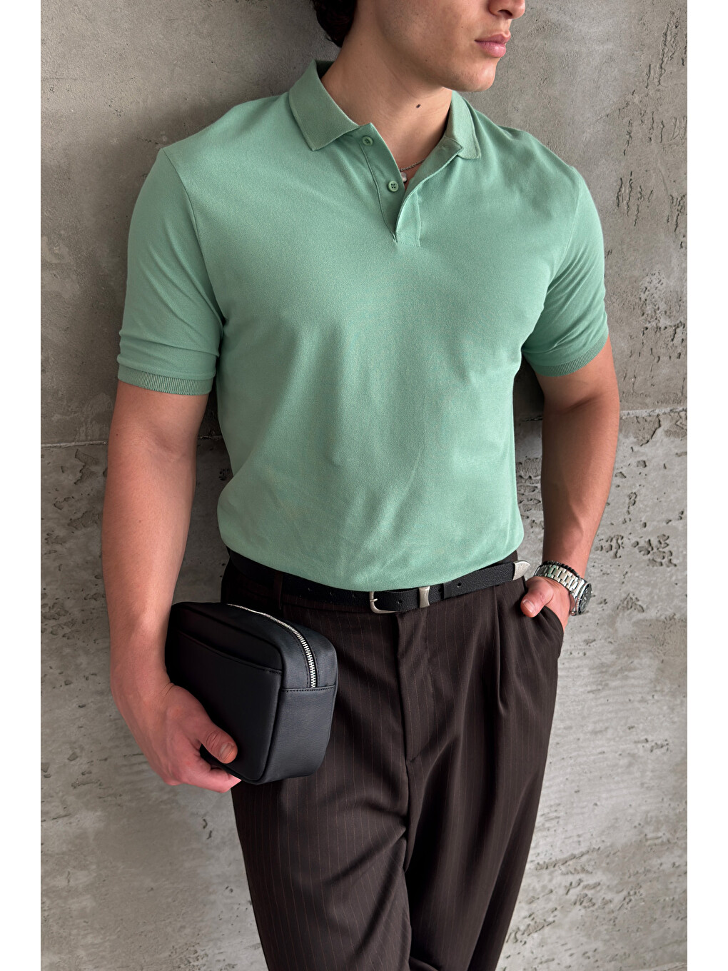 Yeşil Erkek %100 Pamuk Düğmeli Polo Yaka T-Shirt-1