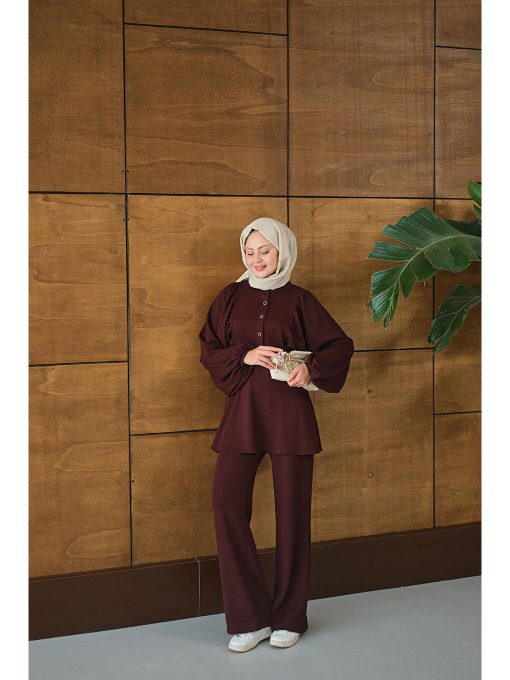 Kadın Çıtçıt Büzgü Detay İkili Takım Bordo-4