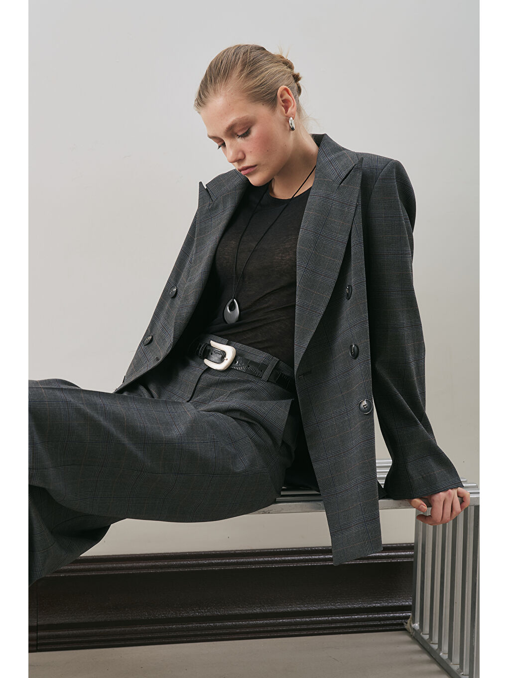 Kruvaze Ekose Blazer Ceket Gri Ekose