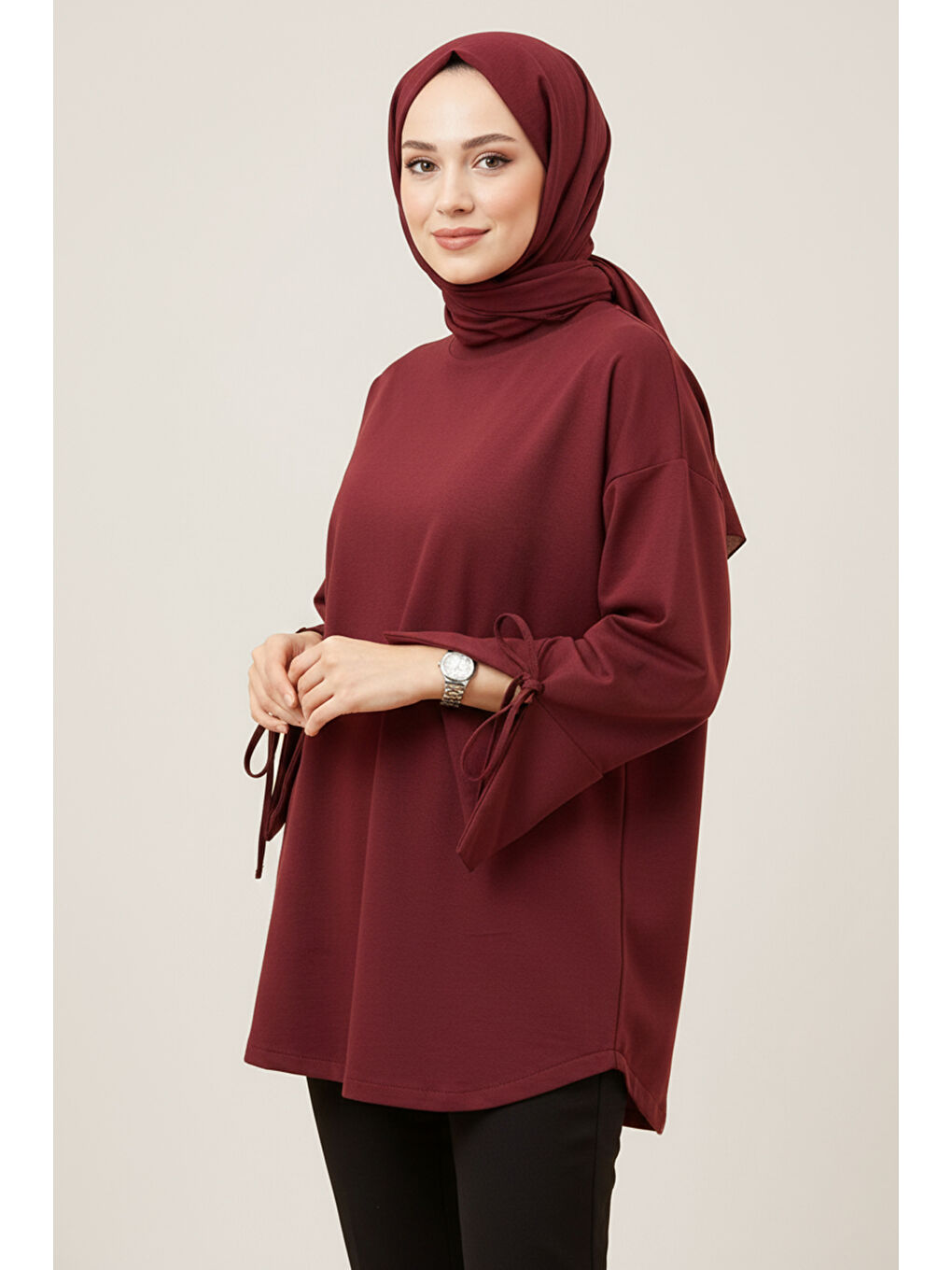 Manşeti ve Beli Bağcık Detay Sweat Tunik 3066 Bordo