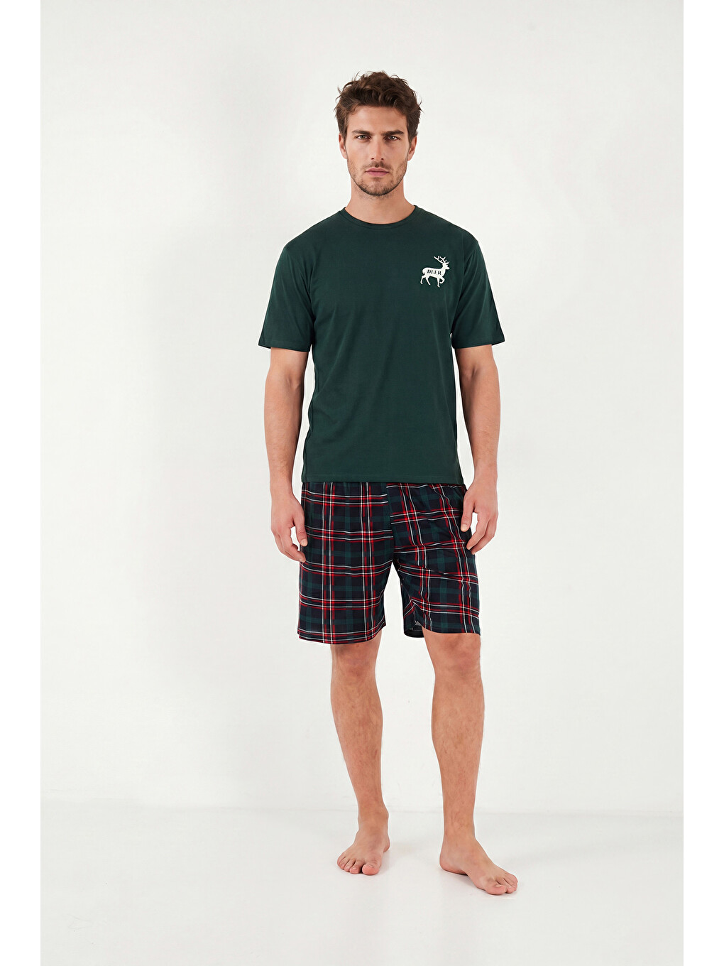 Yeşil Kareli Pamuklu Regular Fit Şortlu Pijama Takımı 6572022-2