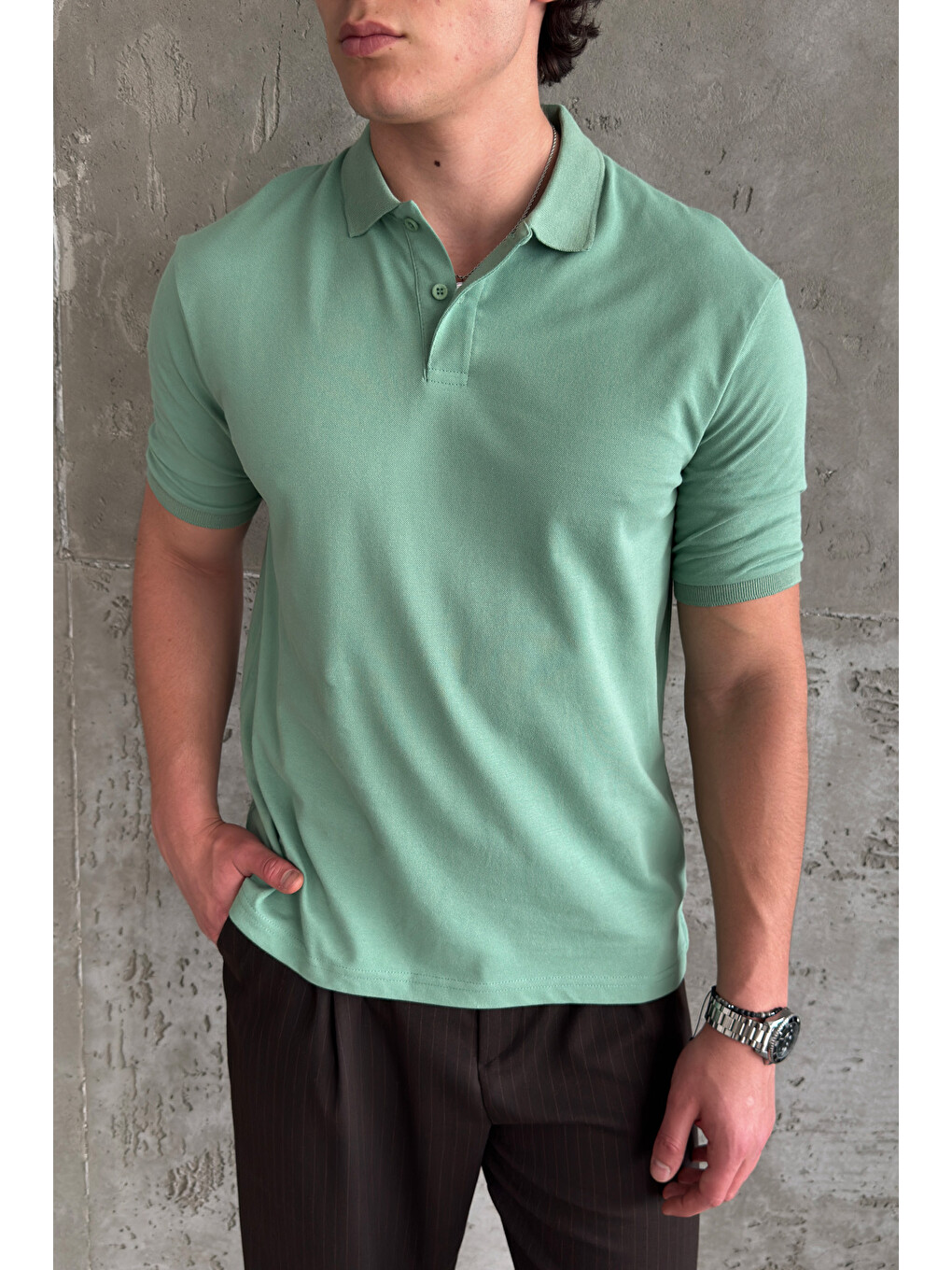 Yeşil Erkek %100 Pamuk Düğmeli Polo Yaka T-Shirt-2