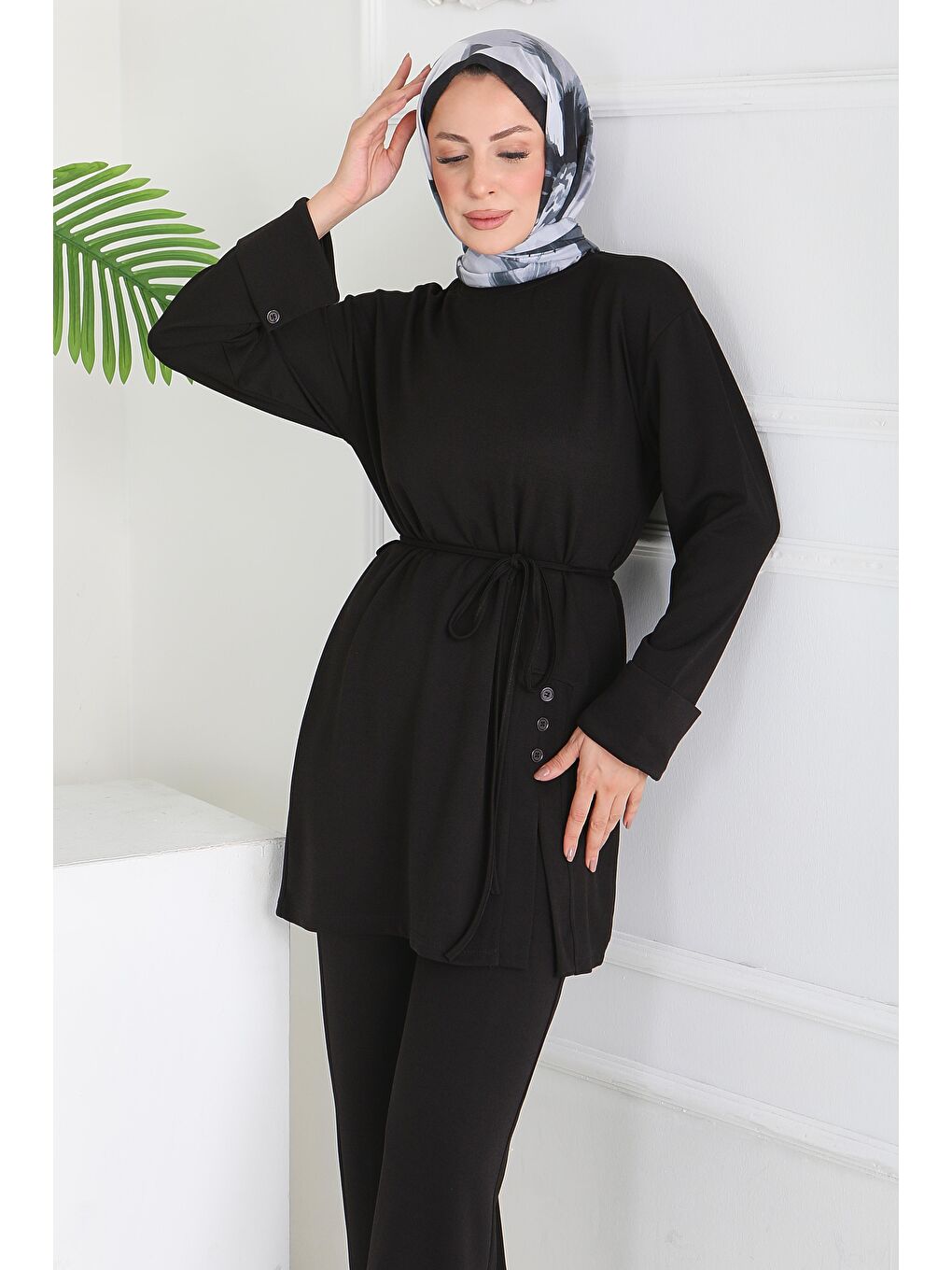 Düğme Detaylı Modal İkili Takım Siyah - 28013-SIYAH-1