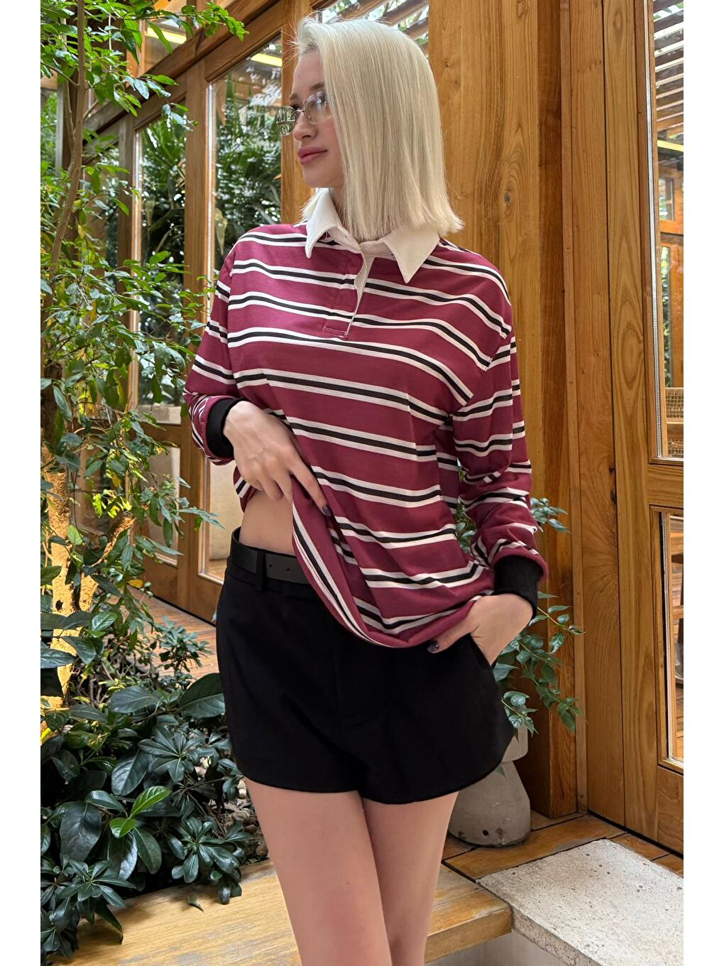 Bordo Çizgili Polo Yaka Kadın Uzun Kollu Tişört  Mg2575-6