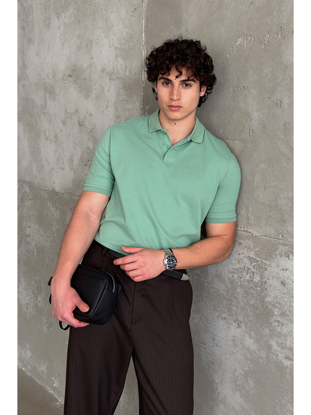 Yeşil Erkek %100 Pamuk Düğmeli Polo Yaka T-Shirt-3