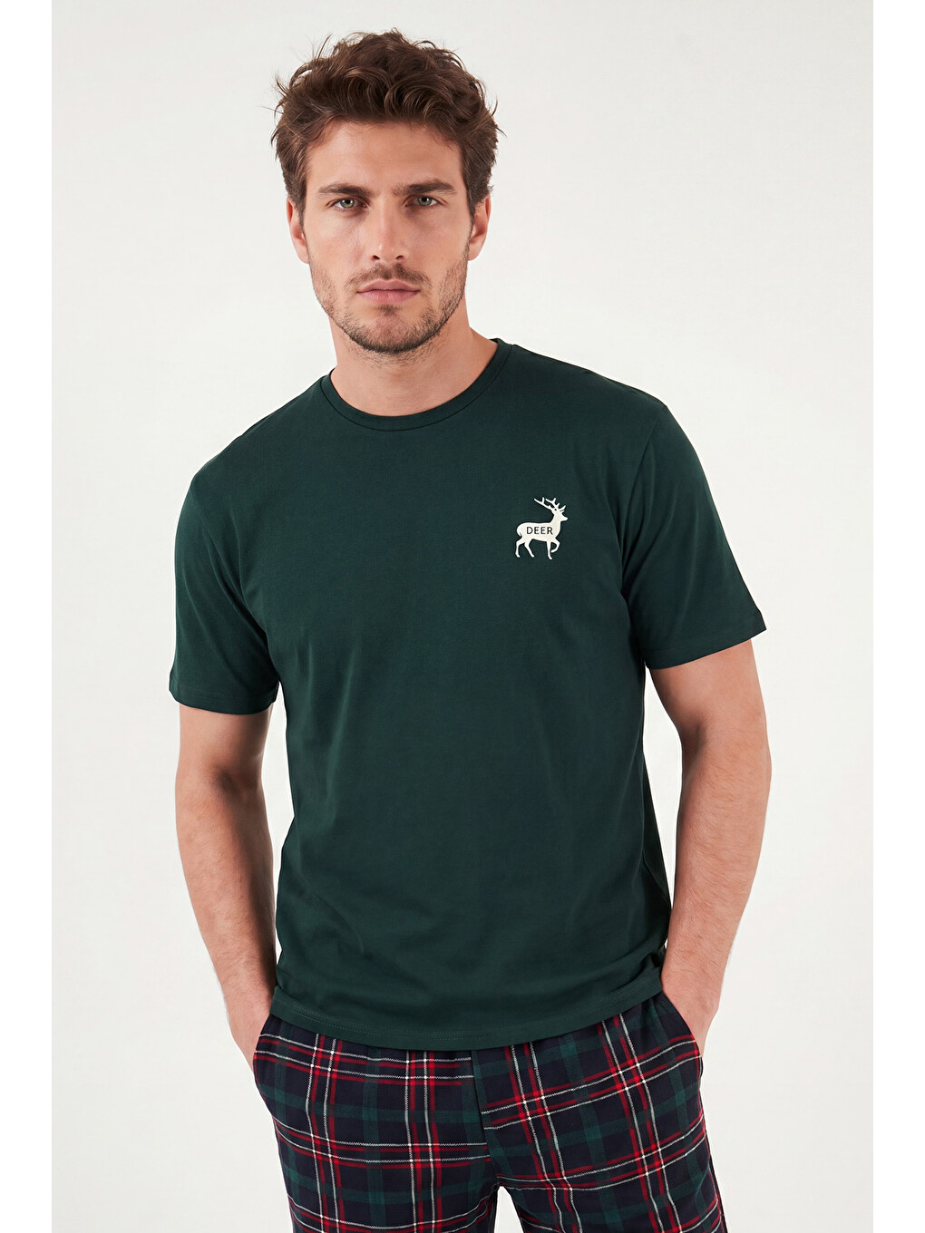 Yeşil Kareli Pamuklu Regular Fit Şortlu Pijama Takımı 6572022-3