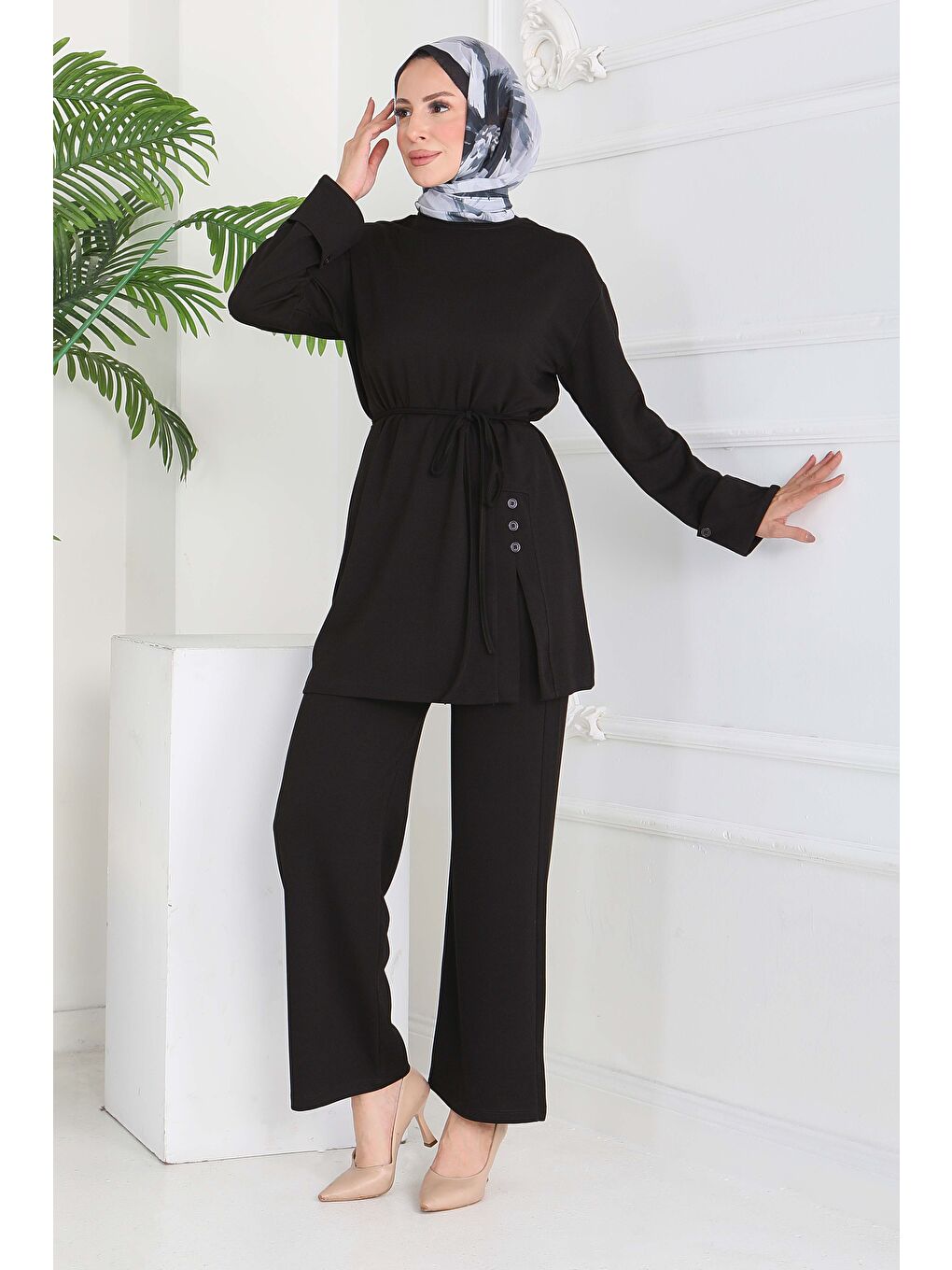 Düğme Detaylı Modal İkili Takım Siyah - 28013-SIYAH-2