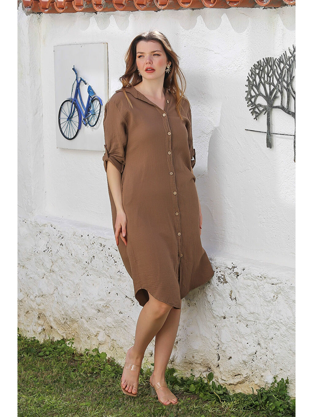 Kahverengi Açık Kahve Gömlek Yaka Düğmeli Uzun Kollu Cepli Yıkamalı Casual Müslin Dokuma Elbise 118 62-2