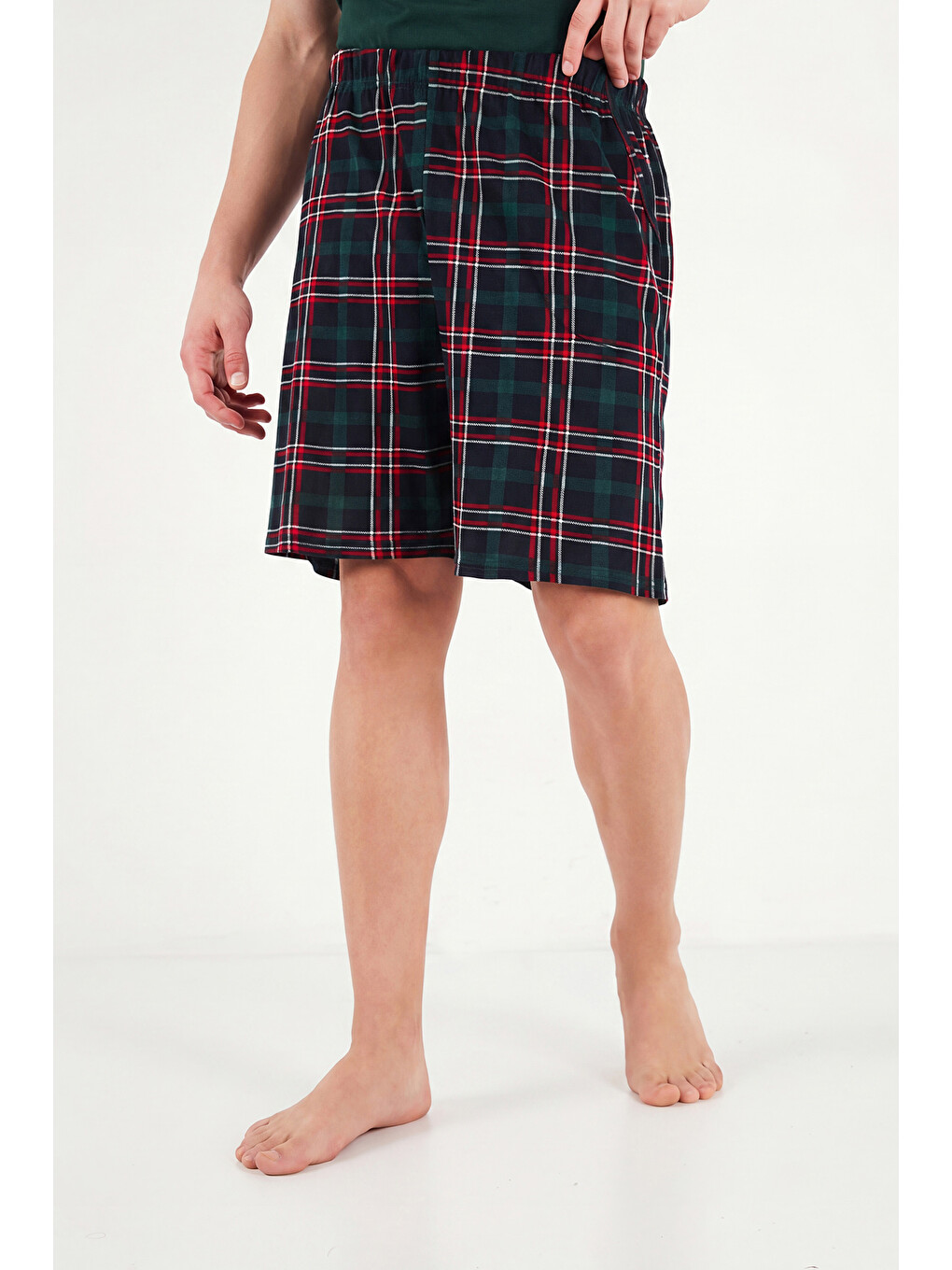 Yeşil Kareli Pamuklu Regular Fit Şortlu Pijama Takımı 6572022-4