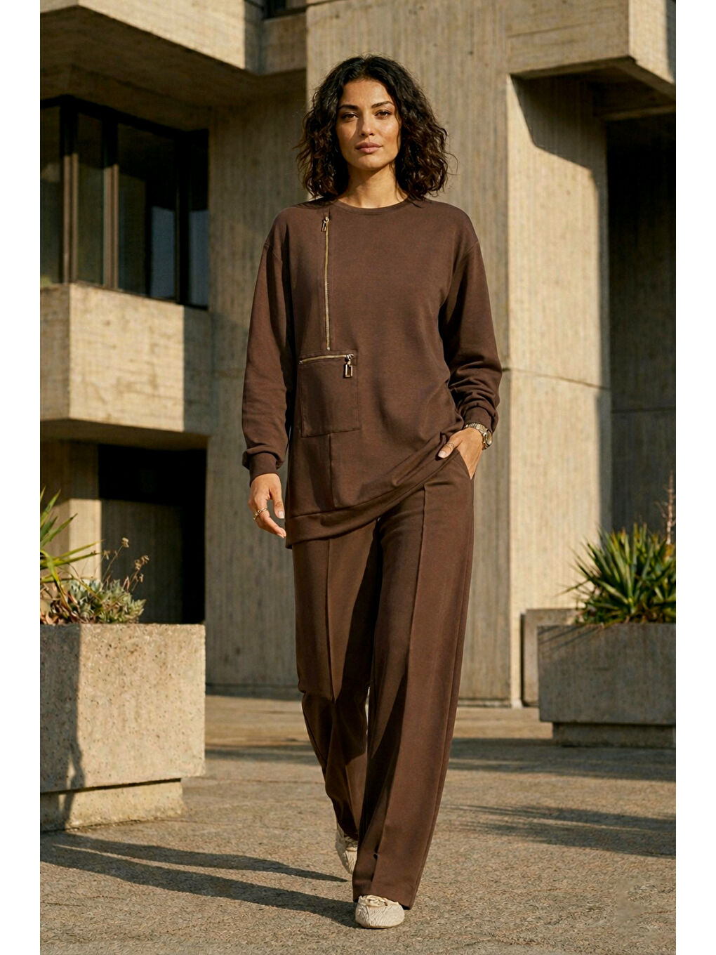 Fermuar ve Nervür Detay Tunik Pantolon Takım 1077 Kahverengi