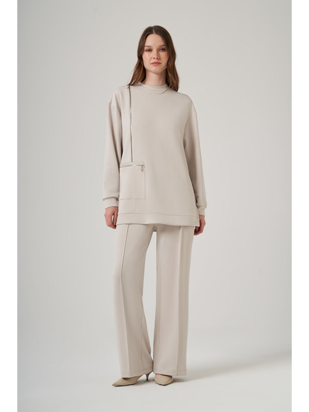 Bej Fermuar ve Nervür Detay Tunik Pantolon Takım 1077 Taş-1