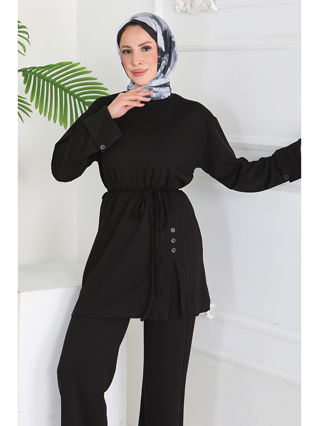 Düğme Detaylı Modal İkili Takım Siyah - 28013-SIYAH-3