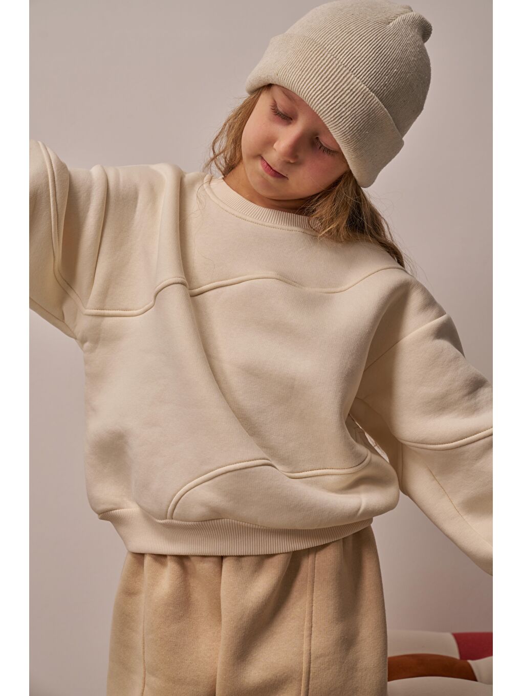 Bej Dikiş Detaylı Eşofman Takım-8