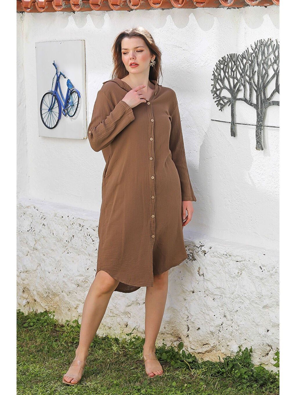 Kahverengi Açık Kahve Gömlek Yaka Düğmeli Uzun Kollu Cepli Yıkamalı Casual Müslin Dokuma Elbise 118 62-6